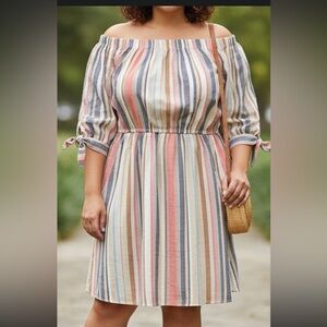 Blush Striped 3/4 Sleeve Dress in Blue, Pink, and Cream Plus Size X1